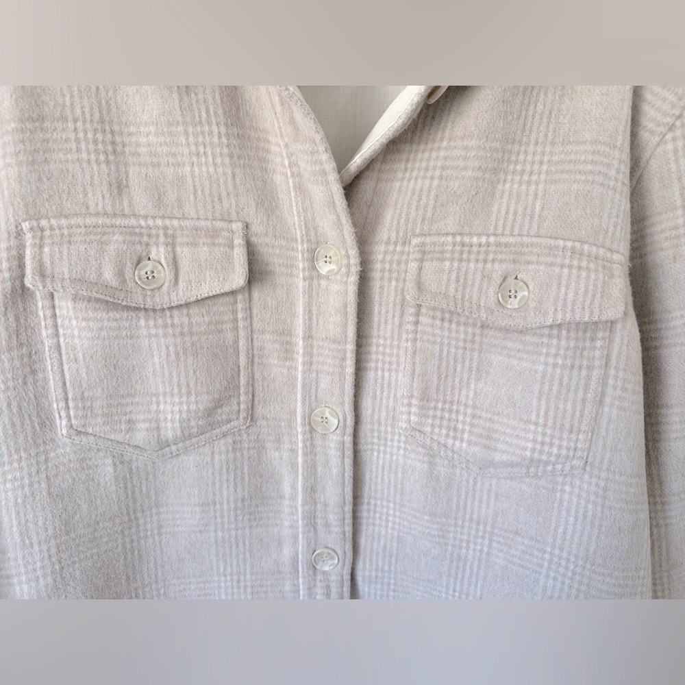 Joie Cream Plaid Neutral Long Button Down Shacket Coat L - Picture 8 of 9